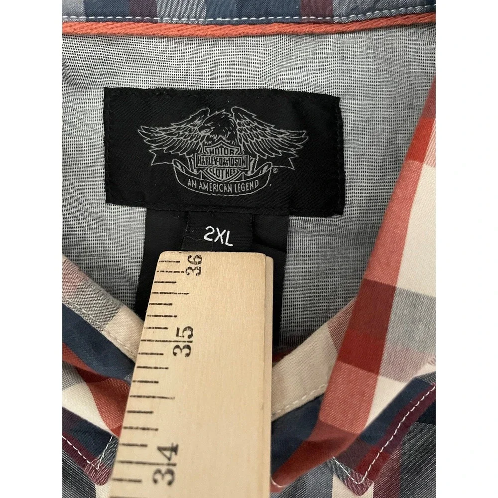 Harley Davidson Motorcycle Patch Button Shirt‎ Blue Beige Plaid HDMC Men's 2XL